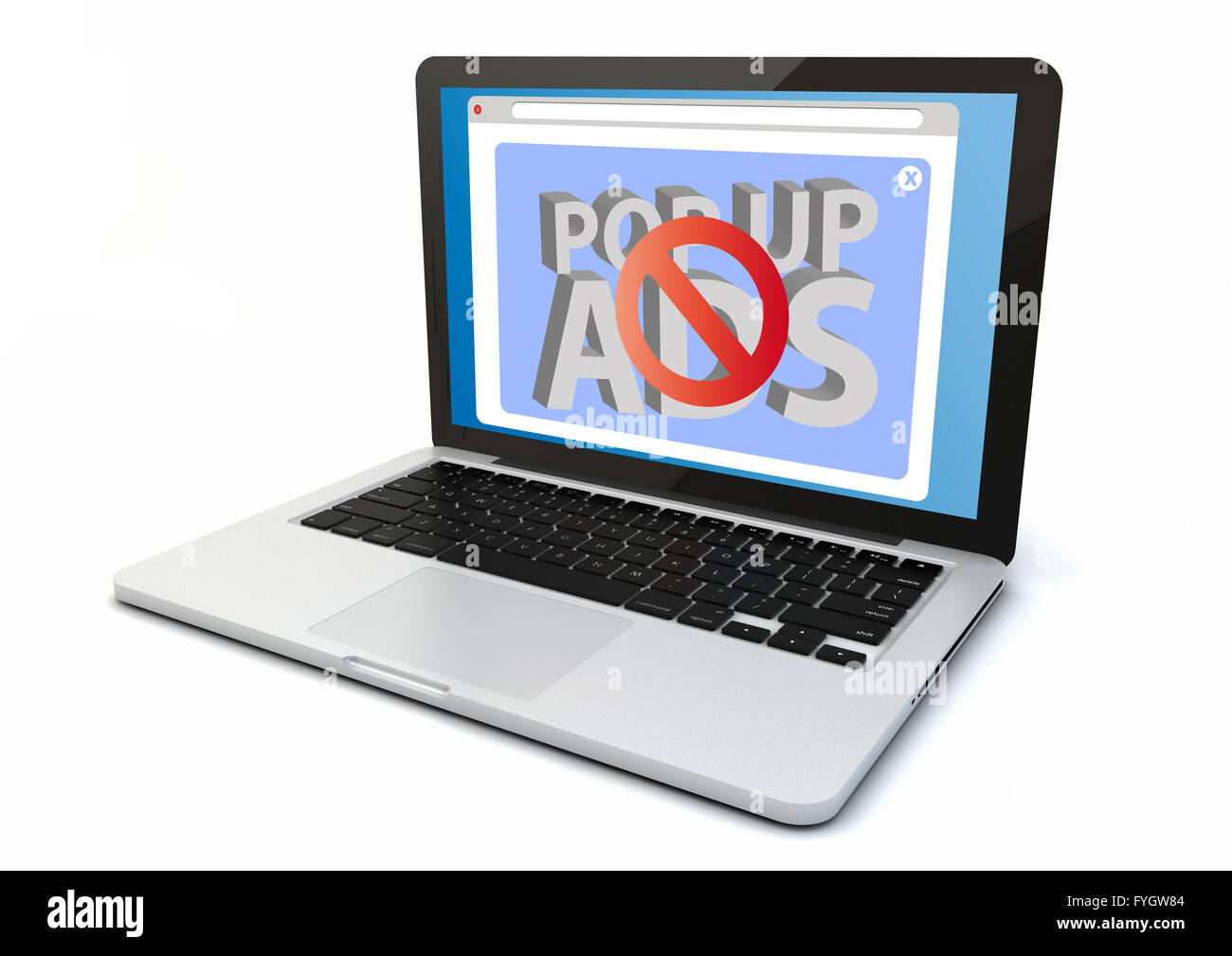 render of a 3d generated computer with ads blockerg on the screen. Screen graphics are made up. Stock Photo