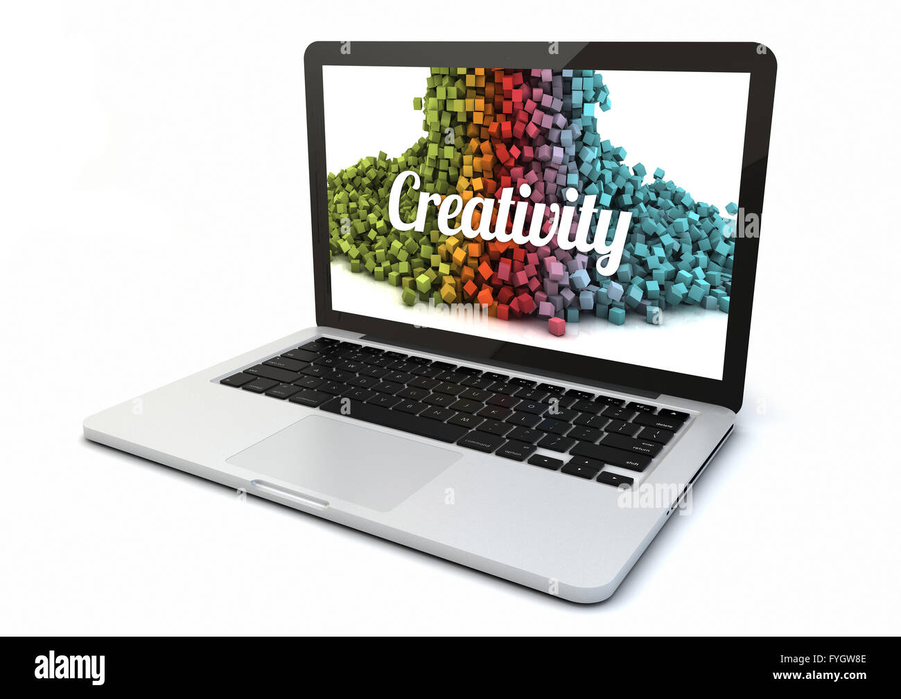 render of a 3d generated computer with creativity pixels on the screen. Screen graphics are made up. Stock Photo