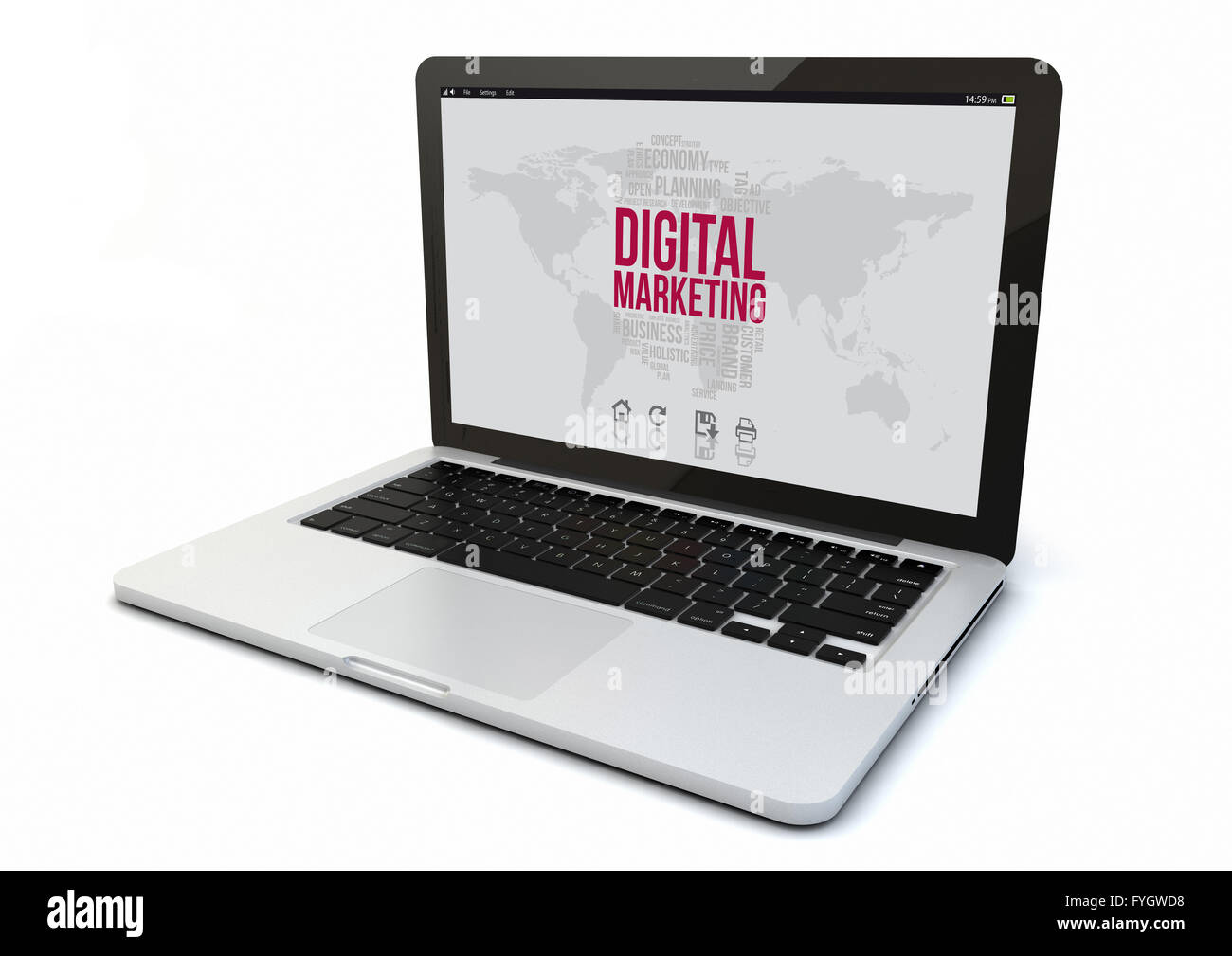 render of a computer with digital marketing on the screen Stock Photo