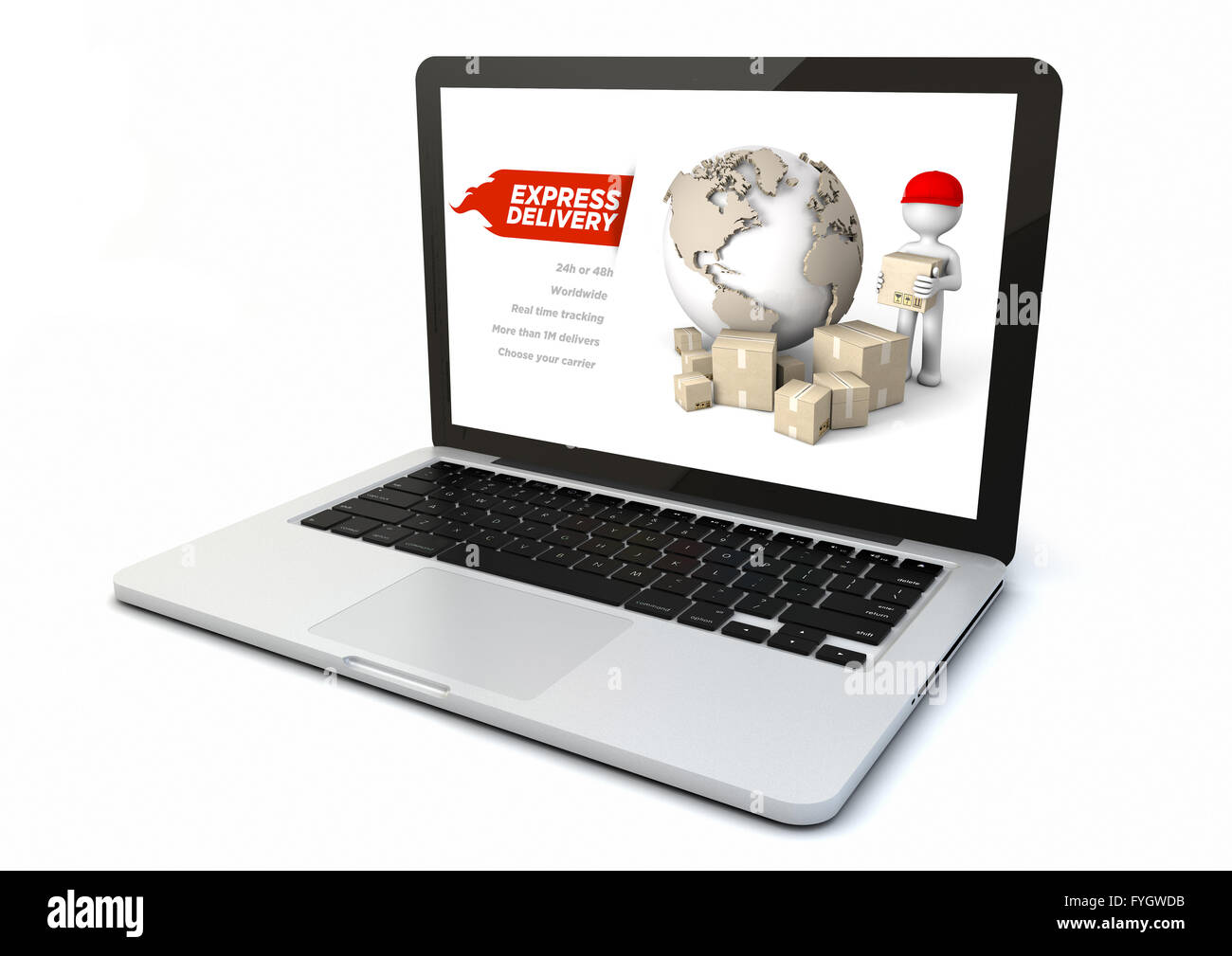 render of a 3d generated computer with express delivery website on the screen. Screen graphics are made up. Stock Photo