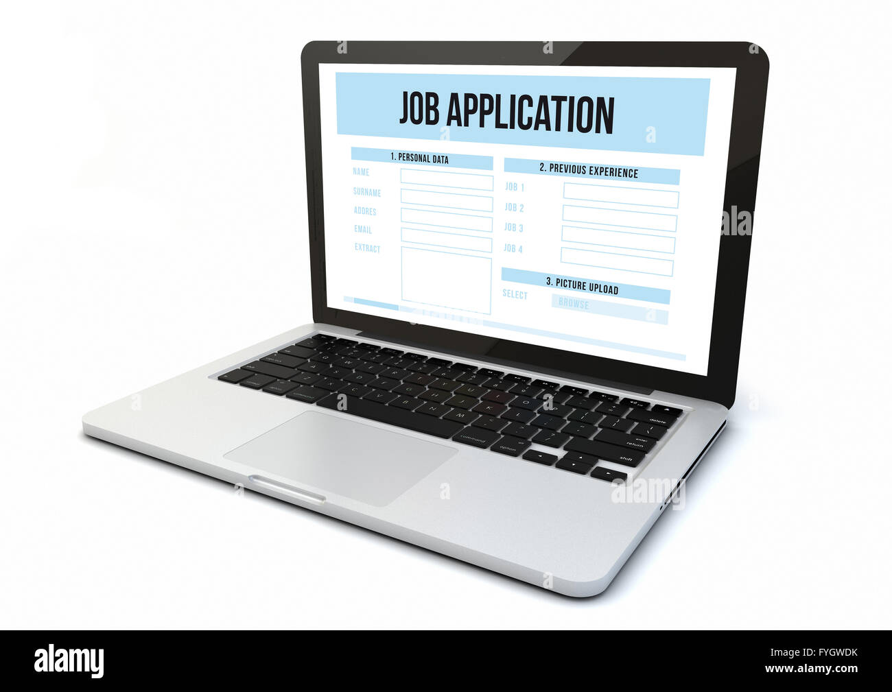 render of a computer with job application on the screen Stock Photo