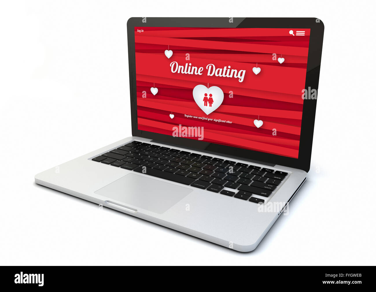 render of a 3d generated computer with online dating on the screen. Screen graphics are made up. Stock Photo