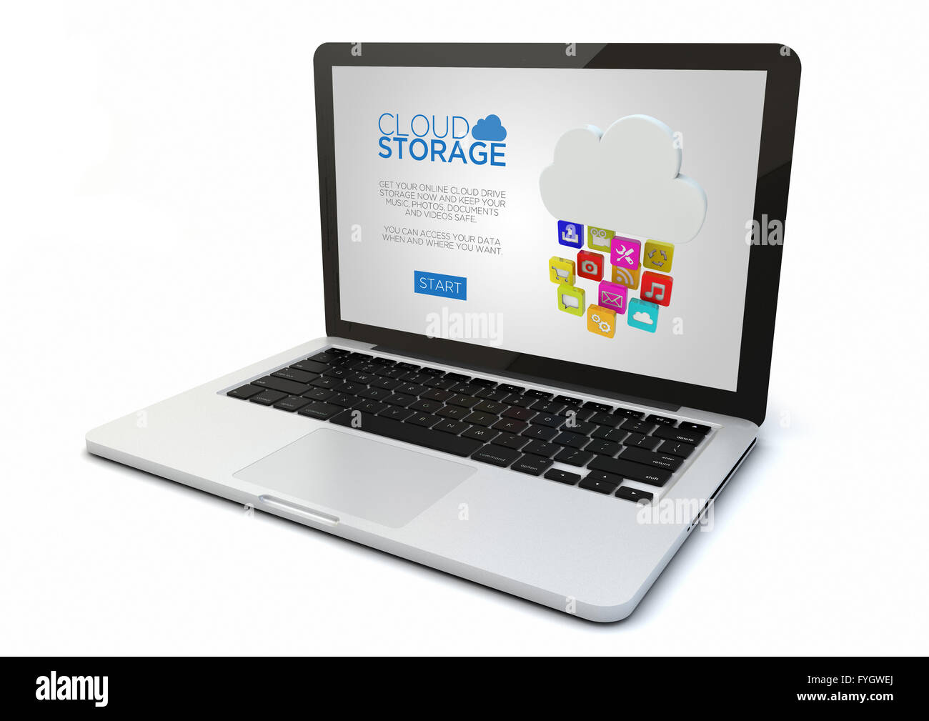 render of a 3d generated computer with online storage website on the screen. Screen graphics are made up. Stock Photo