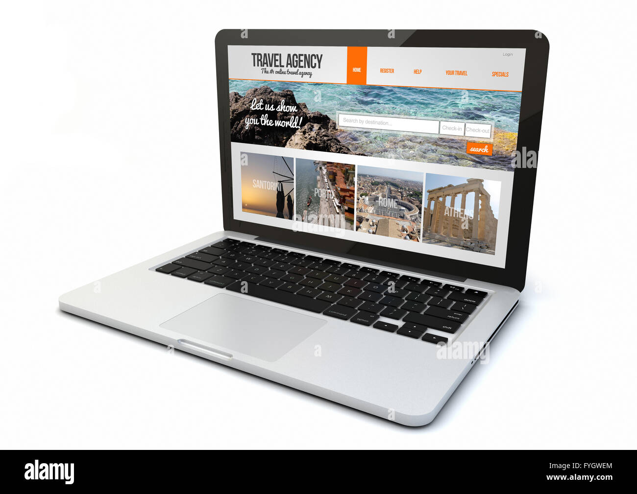 render of a 3d generated computer with travel agency website on screen. Screen graphics are made up. Stock Photo