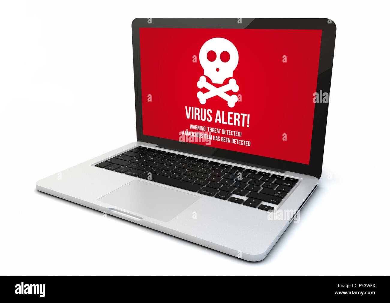 render of a 3d generated computer with virus alert on the screen. Screen graphics are made up. Stock Photo