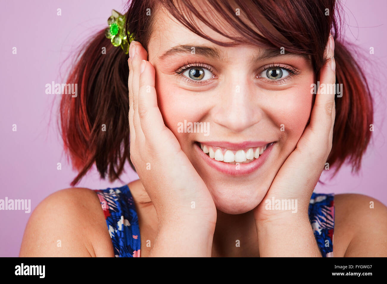 Colorful portrait of happy cheerful teen woman Stock Photo - Alamy