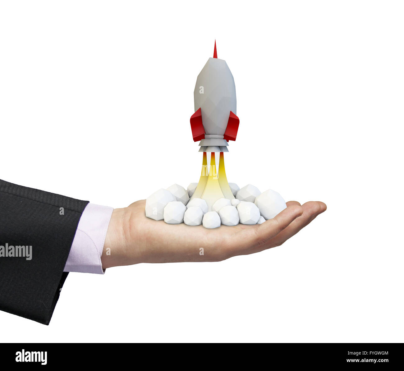rocket launch over a businessman hand Stock Photo