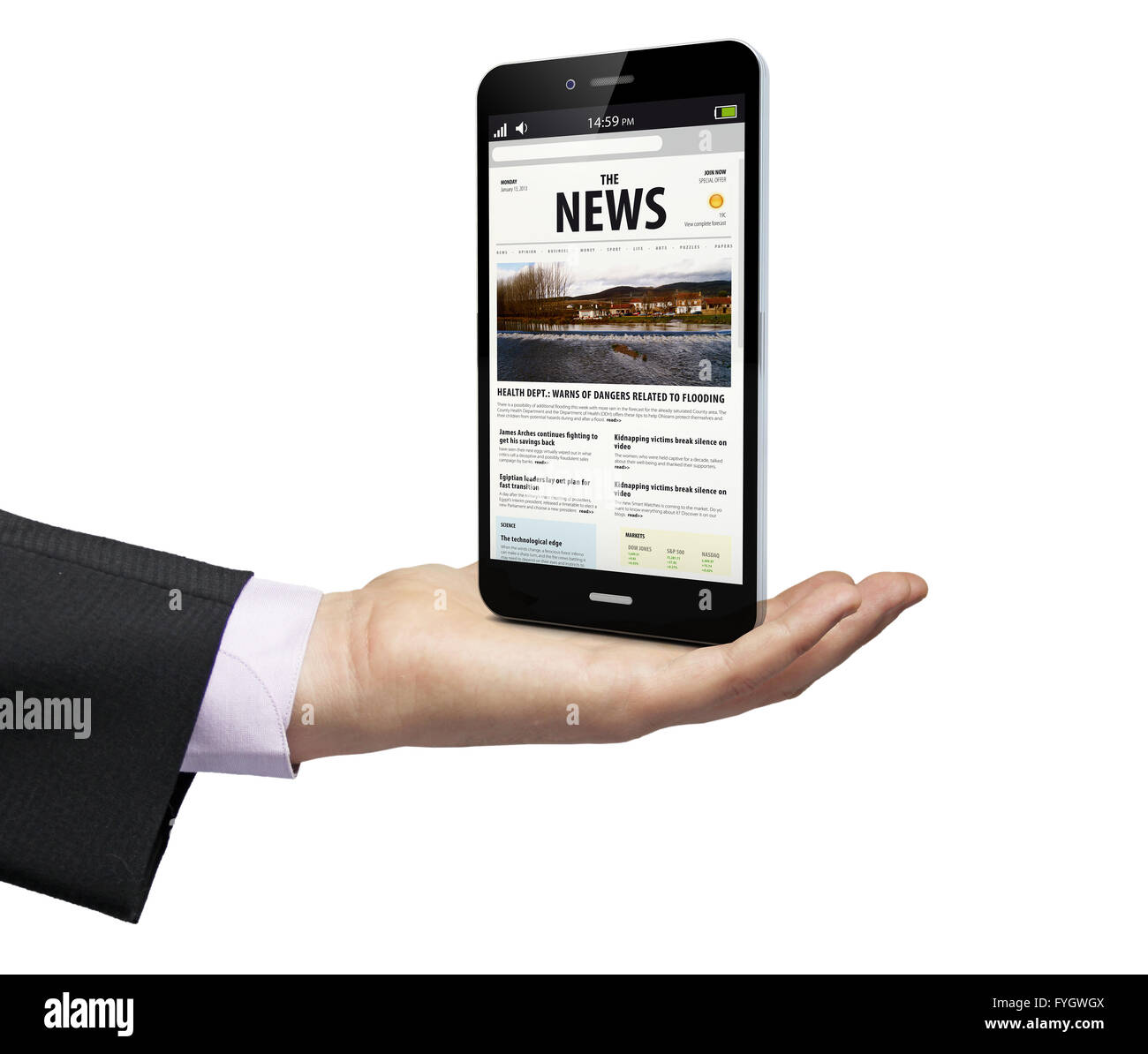 smartphone with a news web over a businessman hand Stock Photo