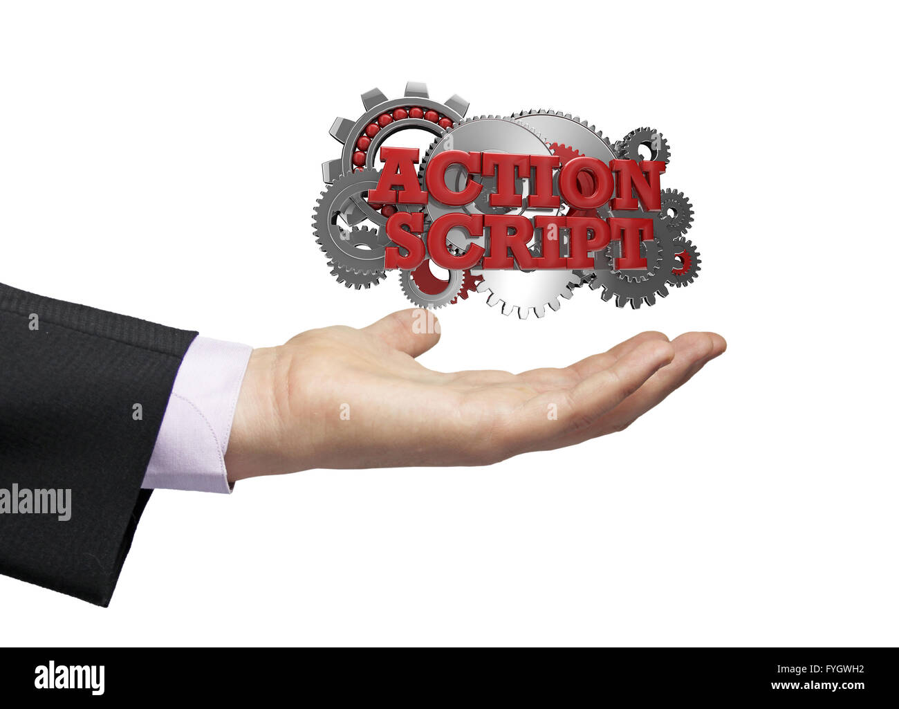 gears with text action script over a businessman hand Stock Photo