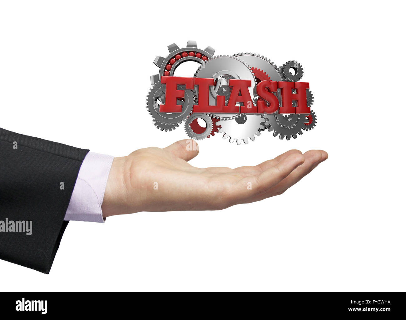 gears with text flash over a businessman hand Stock Photo