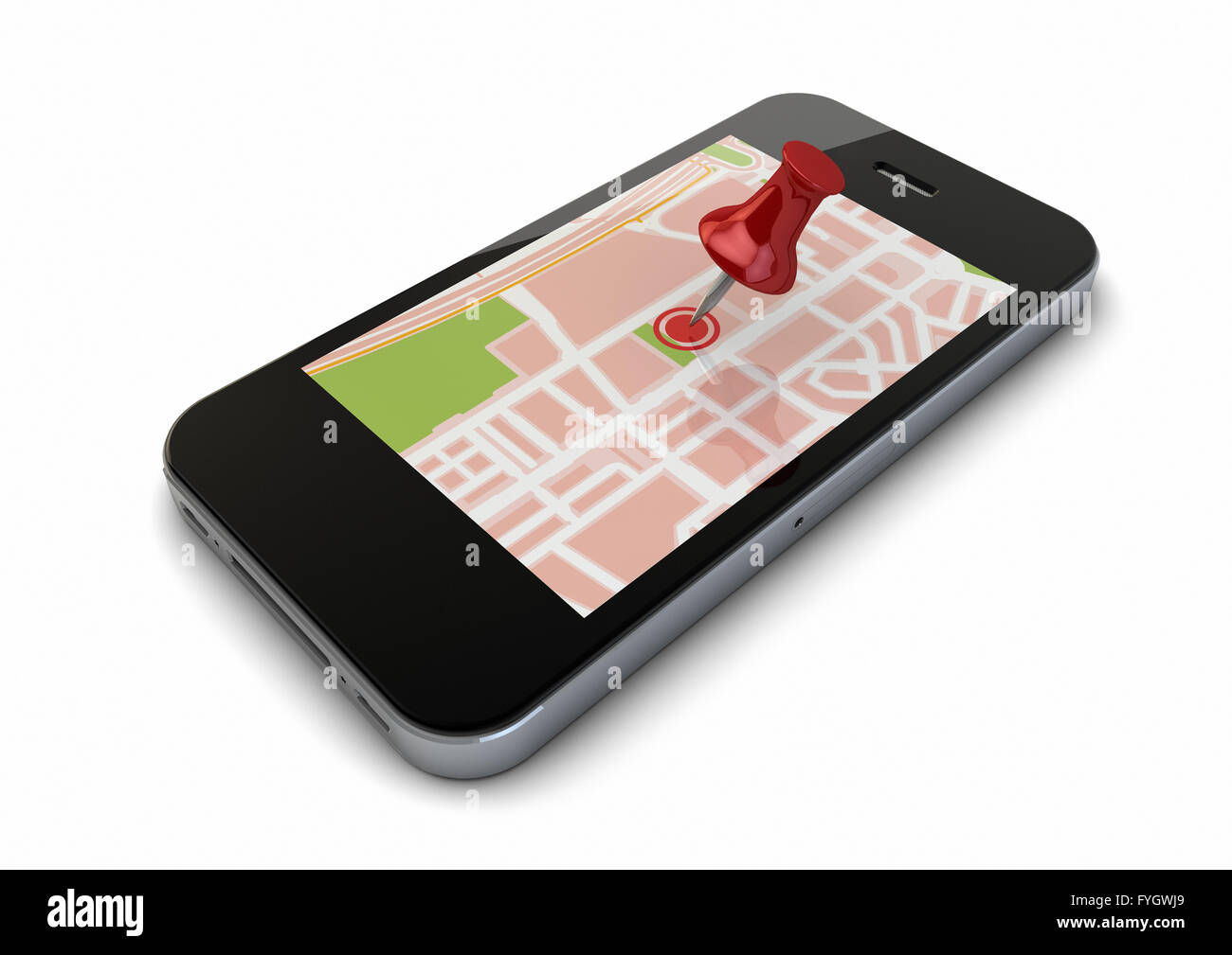 render of an smart phone with a map and a pin on the screen Stock Photo