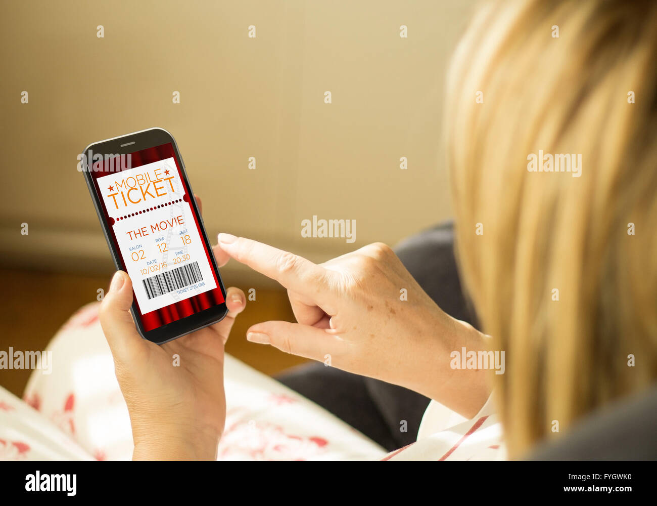 modern e-commerce concept: mature woman with 3d generated touchscreen smartphone with cinema tickets on the screen. Screen graph Stock Photo