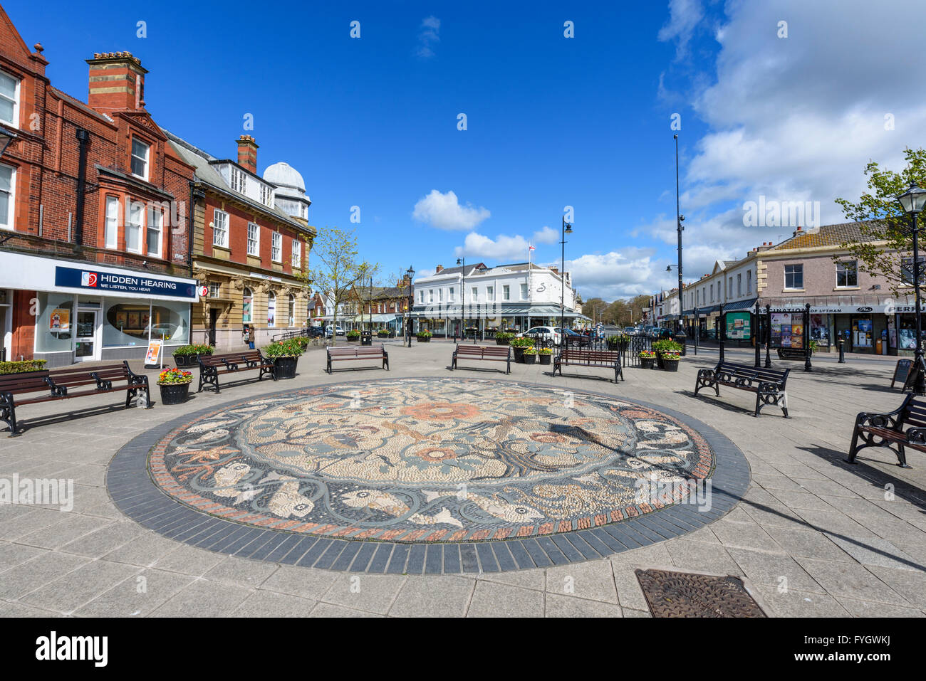 Central pedestrianised piazza in Lytham, Lancashire, UK showing the large mosaic Stock Photo