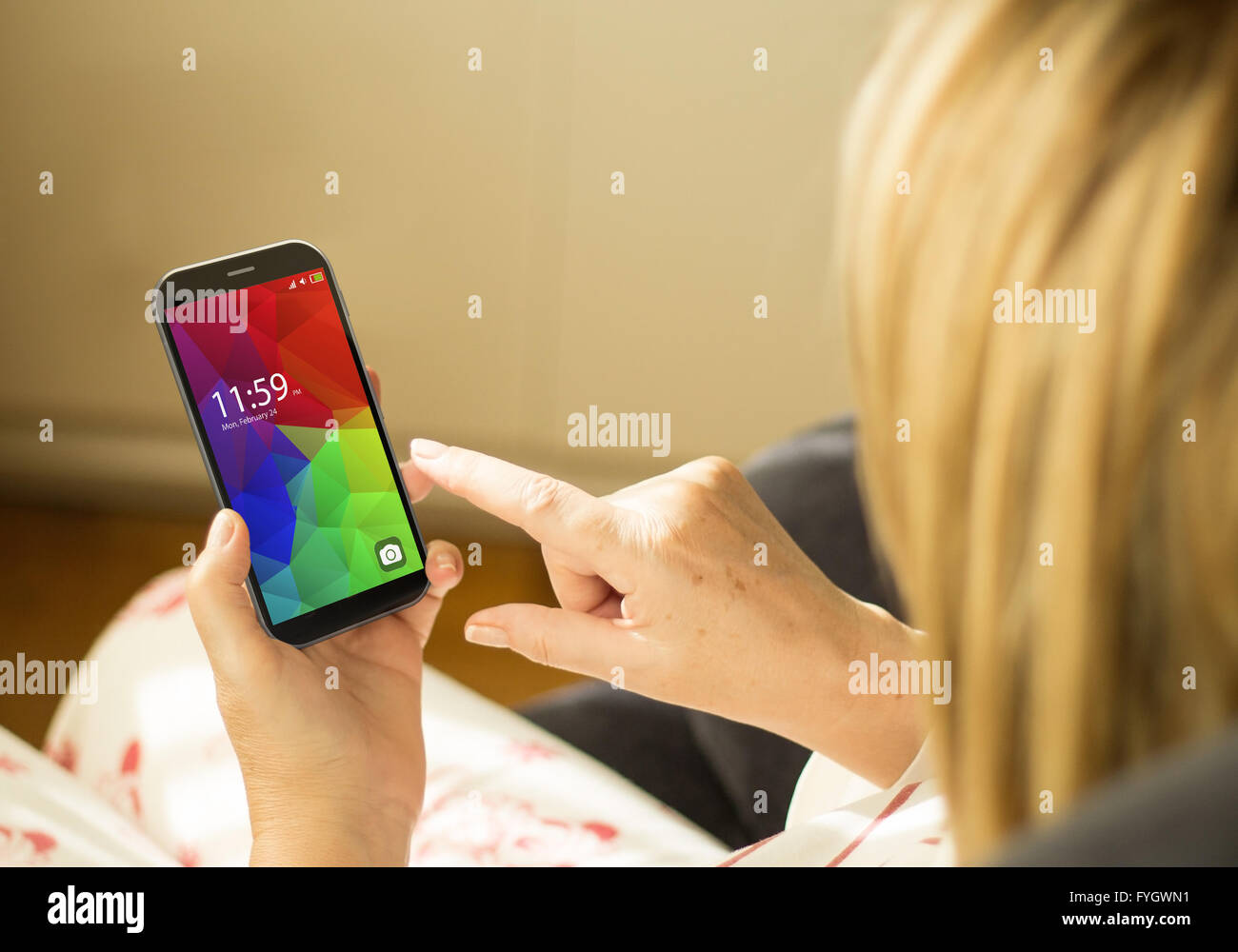 Mobile phone wireless communication technology and mobility concept: woman with modern 3d generated touchscreen smartphone with Stock Photo