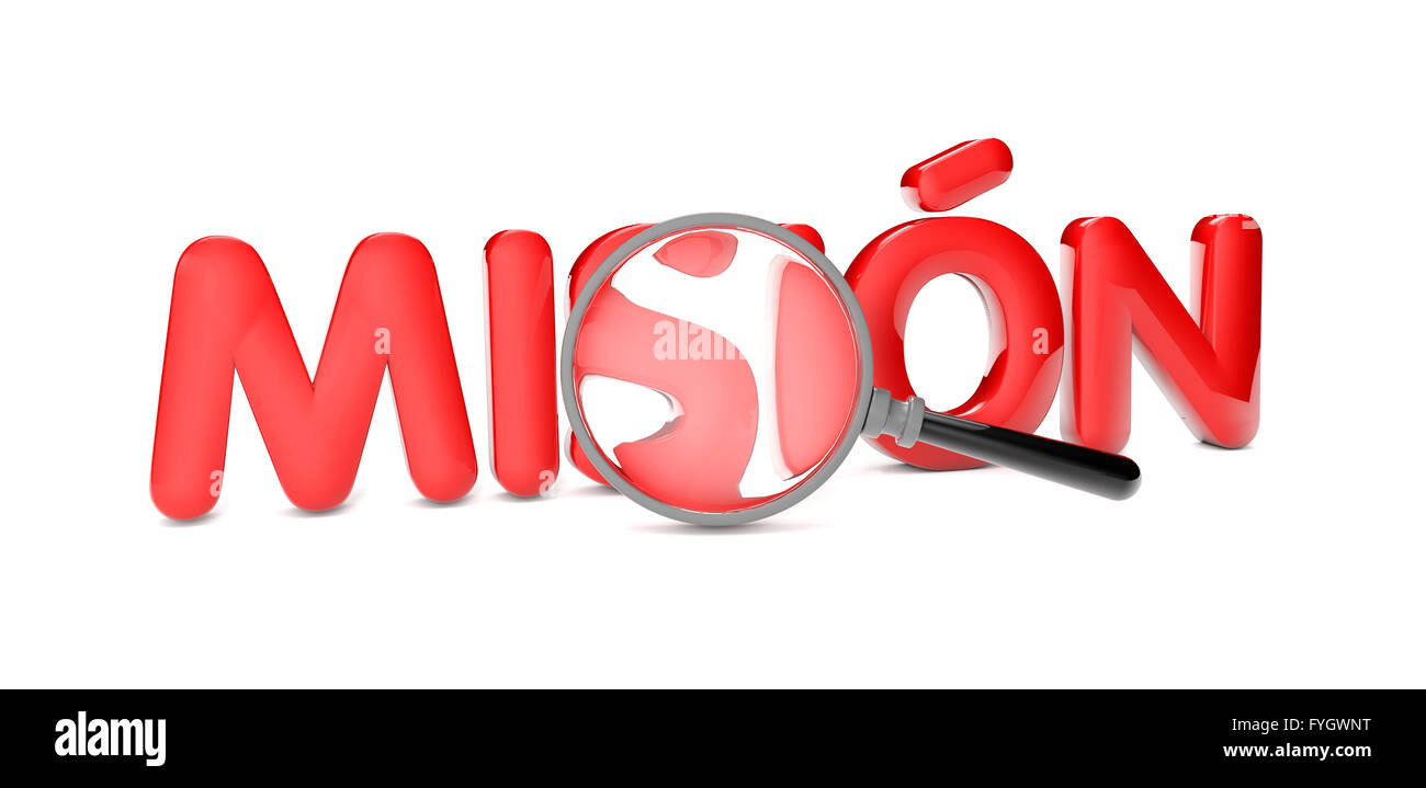 mission concept render of the text mission in spanish and a magnifying