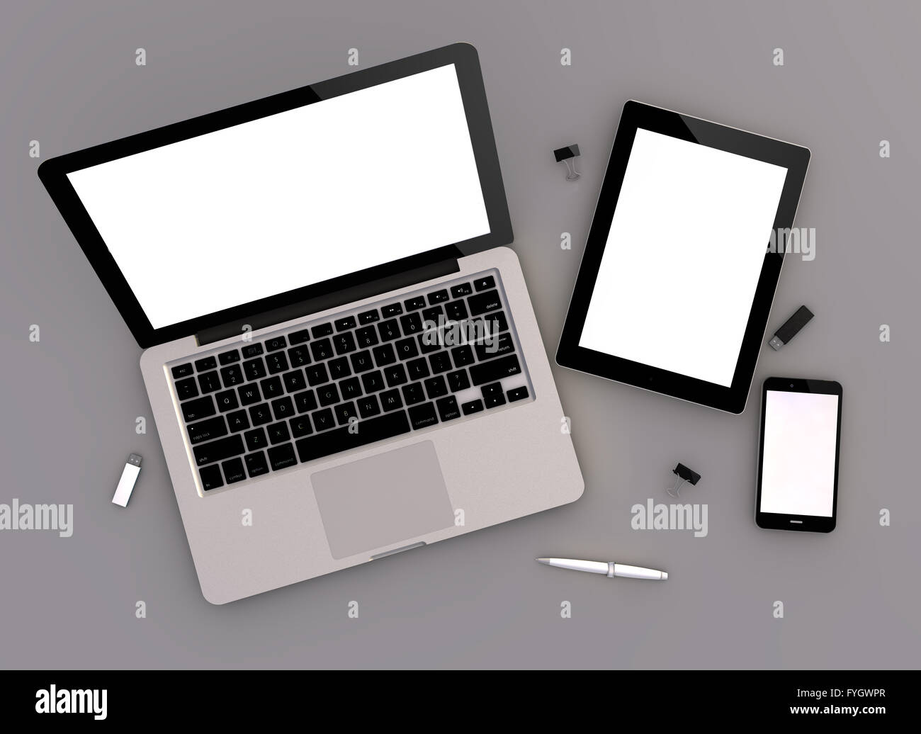 3d render of mock-up with laptop computer, tablet pc and touchscreen smartphone. Zenith view. Stock Photo