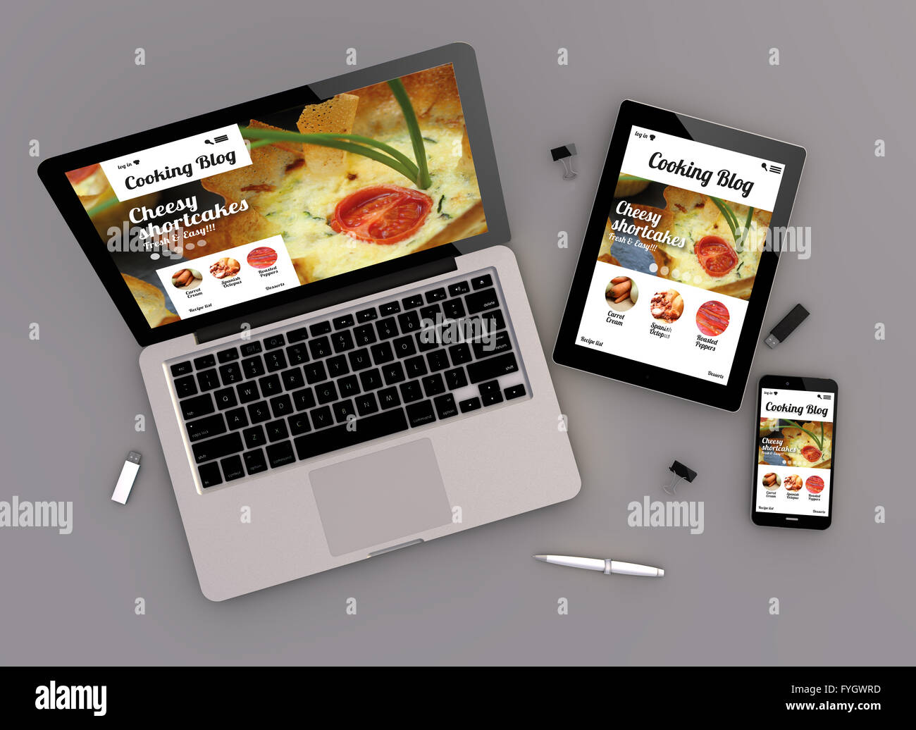 3d render of coocking blog responsive devices with laptop computer, tablet pc and touchscreen smartphone. top view. All screen g Stock Photo