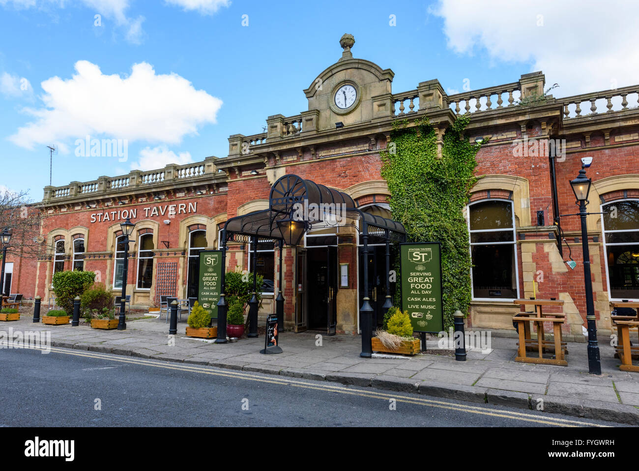 View of the front of the old railway station building in Lytham, Lancashire converted into a restaurant and bar Stock Photo