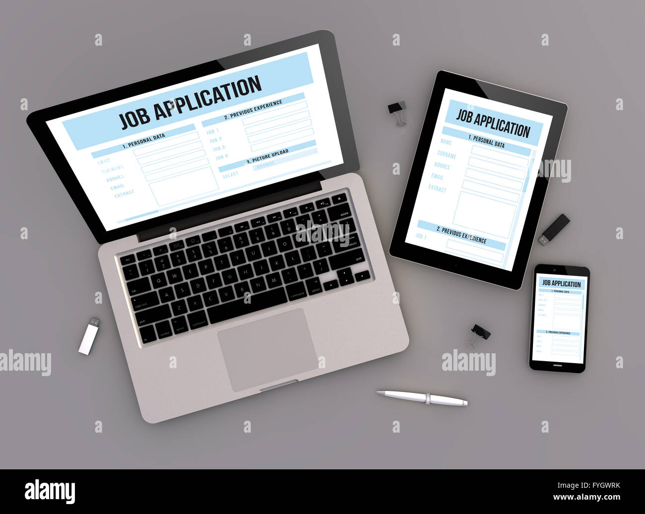 3d render of job application responsive devices with laptop computer, tablet pc and touchscreen smartphone. top view. All screen Stock Photo