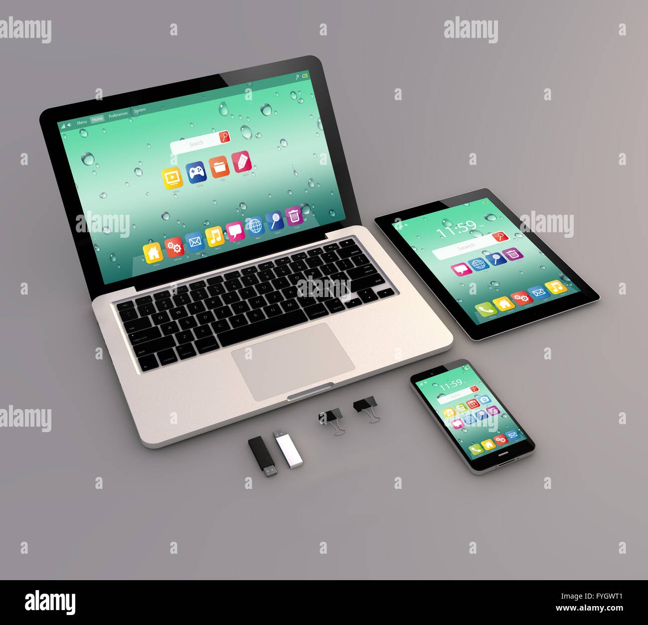 Responsive mock-up: Open laptop with digital tablet and smartphone. 3d Generated. All screen graphics are made up. Stock Photo