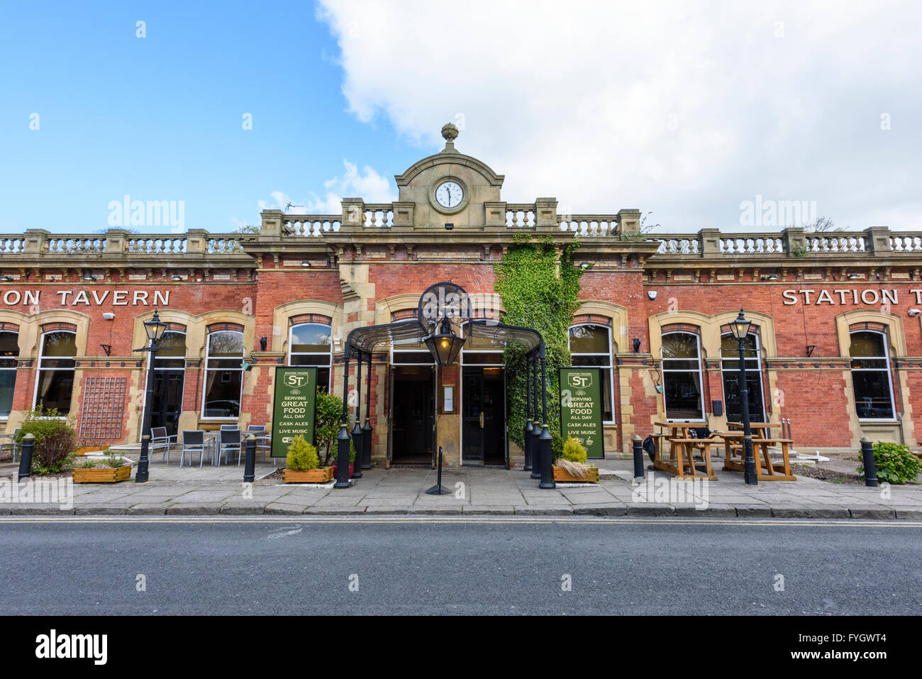 View of the front of the old railway station building in Lytham, Lancashire converted into a restaurant and bar Stock Photo