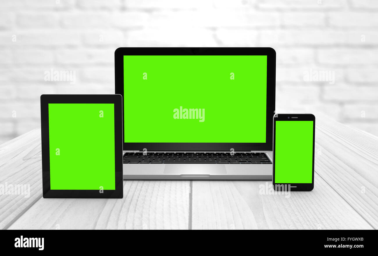 digital generated laptop, tablet and smart phone with green screen to