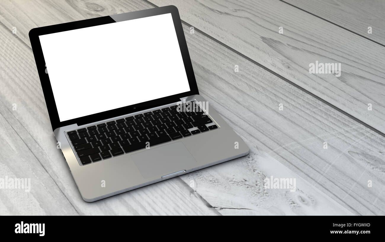 digital generated blank computer mock-up over wooden table Stock Photo