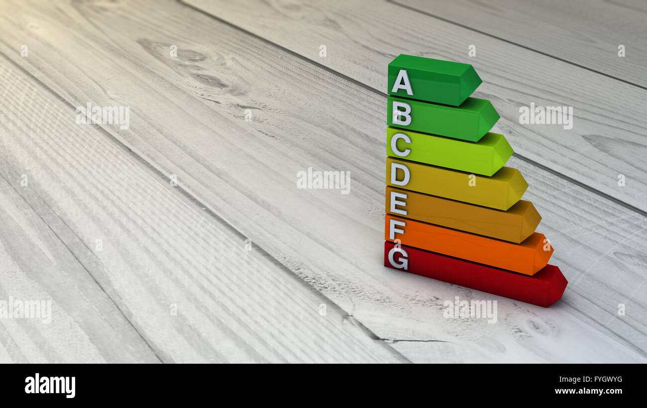 Energy efficiency concept: energy efficiency diagram over wooden floor Stock Photo