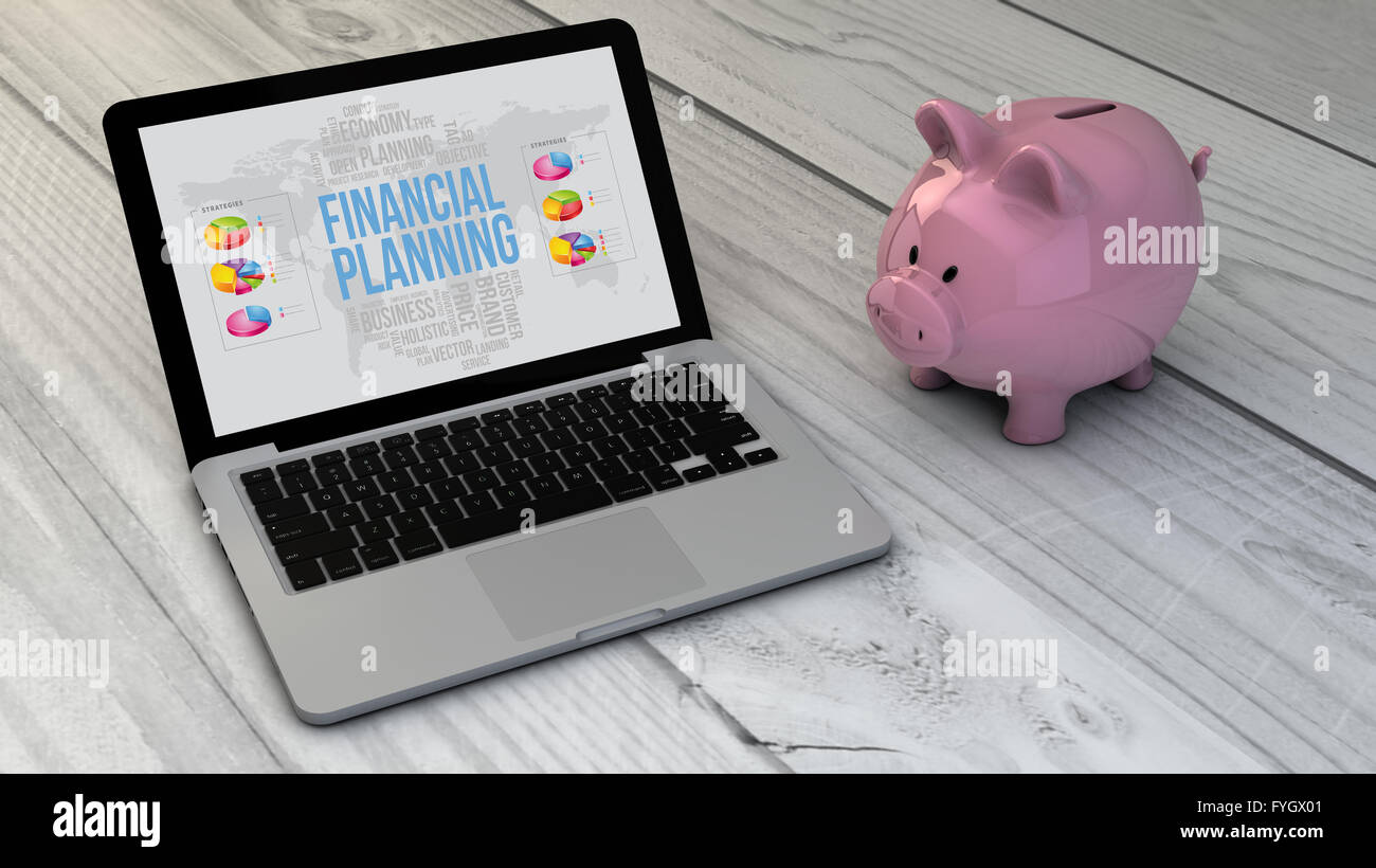 financial planning concept: piggybank and financial planning online site laptop over wooden desk. All screen graphics are made u Stock Photo
