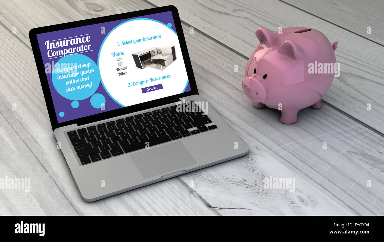 save money comparing insurances online concept: piggybank and insurance comparator online site laptop over wooden desk. All scre Stock Photo