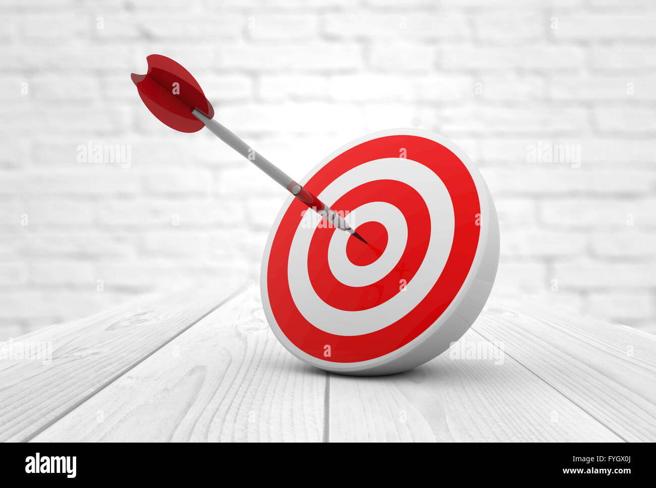 strategic business solutions or corporate strategy concept: digital generated dart in the center of a red target, modern wooden Stock Photo