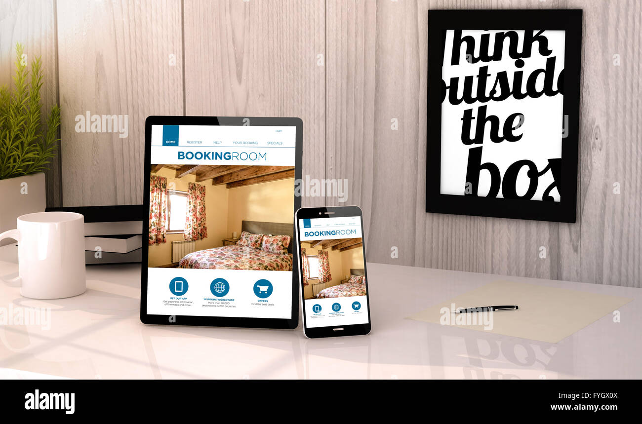 Digital generated tablet and phone on a desktop workplace booking hotel reservation on screen. All graphics are made up. Stock Photo