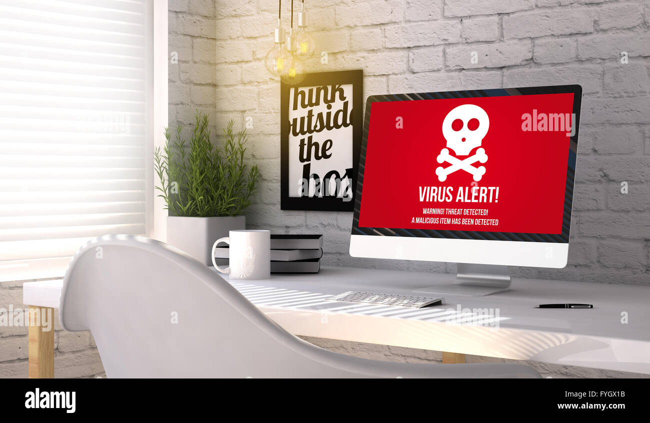 Technology concept: Computer generated with virus alert on the screen on stylish workplace. All graphics are made up. Stock Photo
