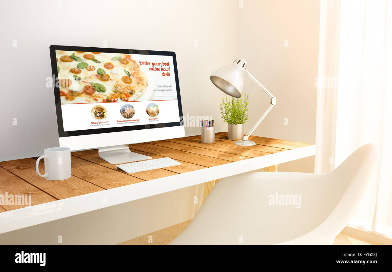 3d generated minimalist workspace with order online computer and copyspace. 3d illustration. all screen graphics are made up. Stock Photo