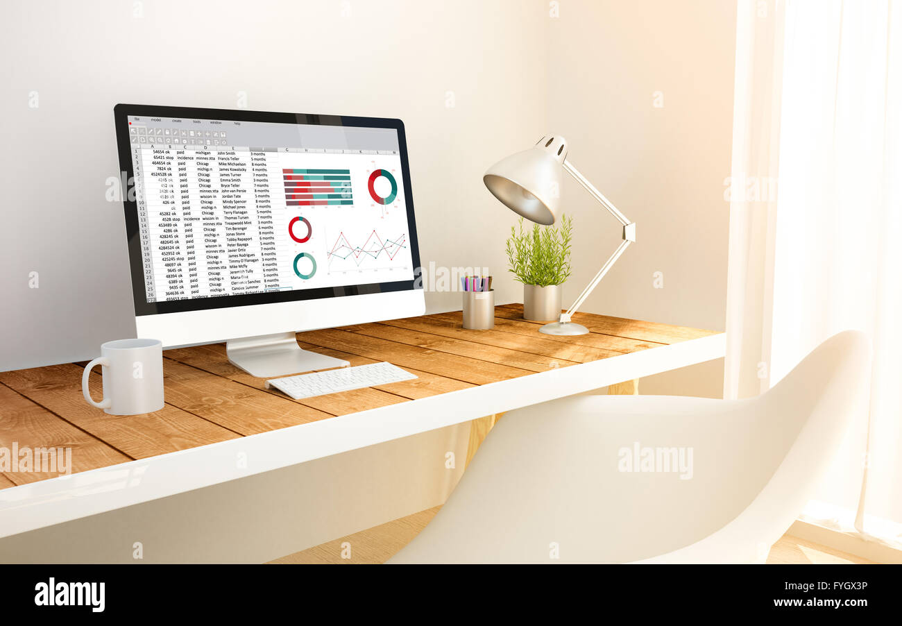3d generated minimalist workspace with spreadsheet computer screen computer and copyspace. 3d illustration. all screen graphics Stock Photo