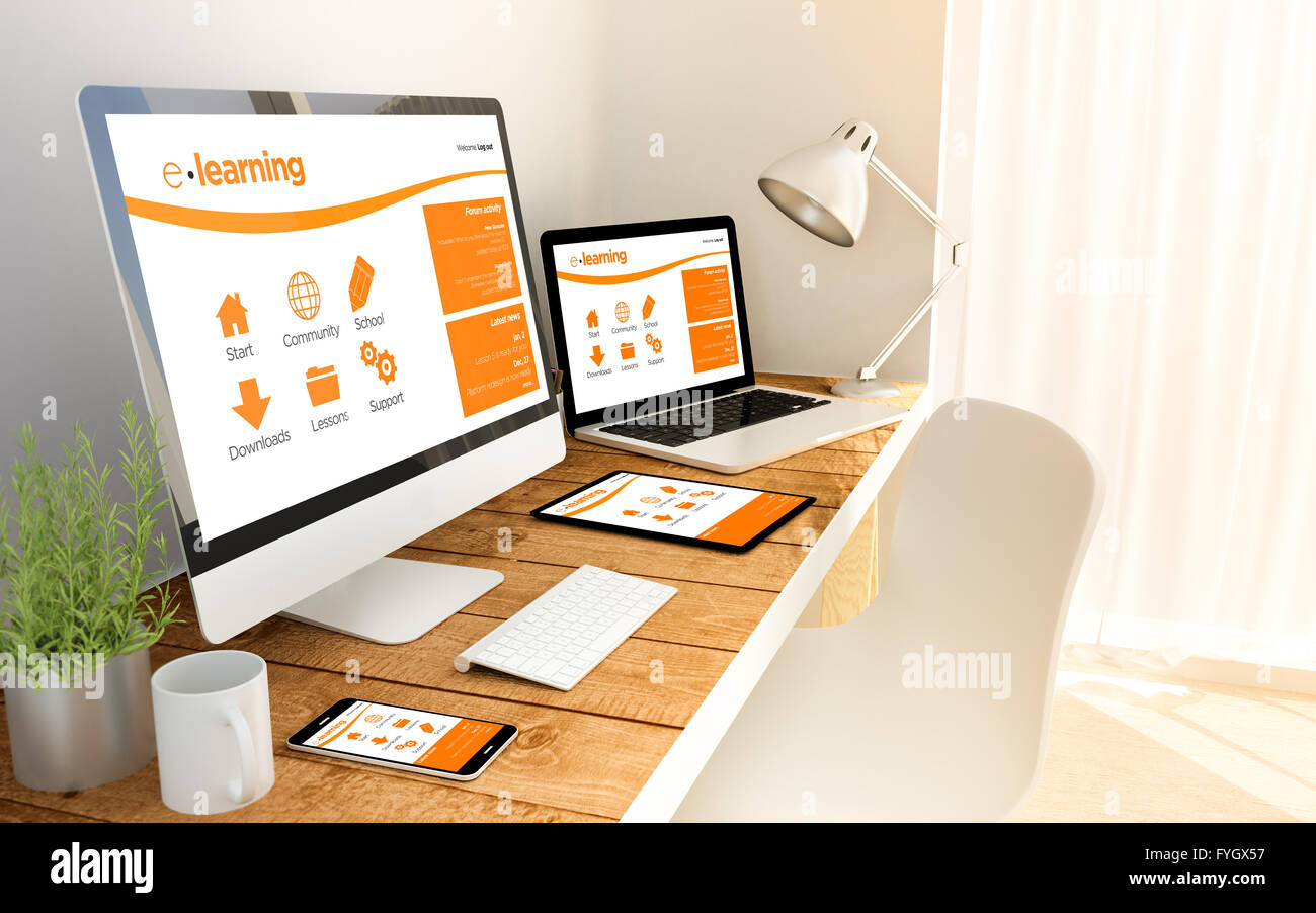 Digital generated office with devices over a wooden table with ...