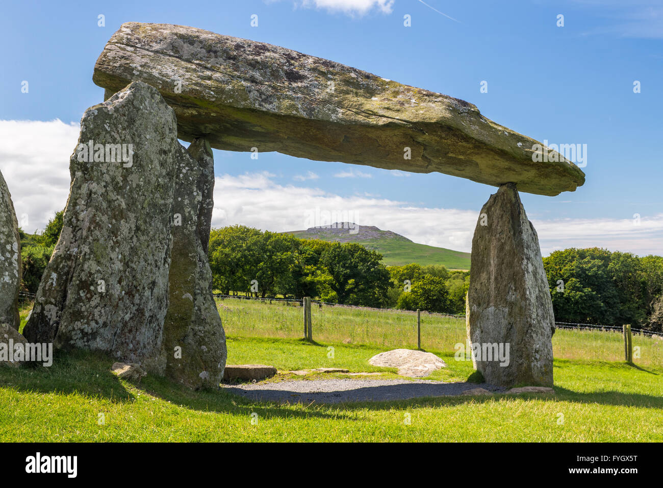 Pentre Ifan burial chamber with Carn Ingli mountain - Pembrokeshire Stock Photo