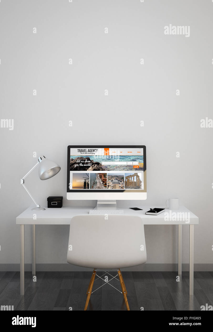 clean workspace with travel website on screen. 3d illustration. Stock Photo