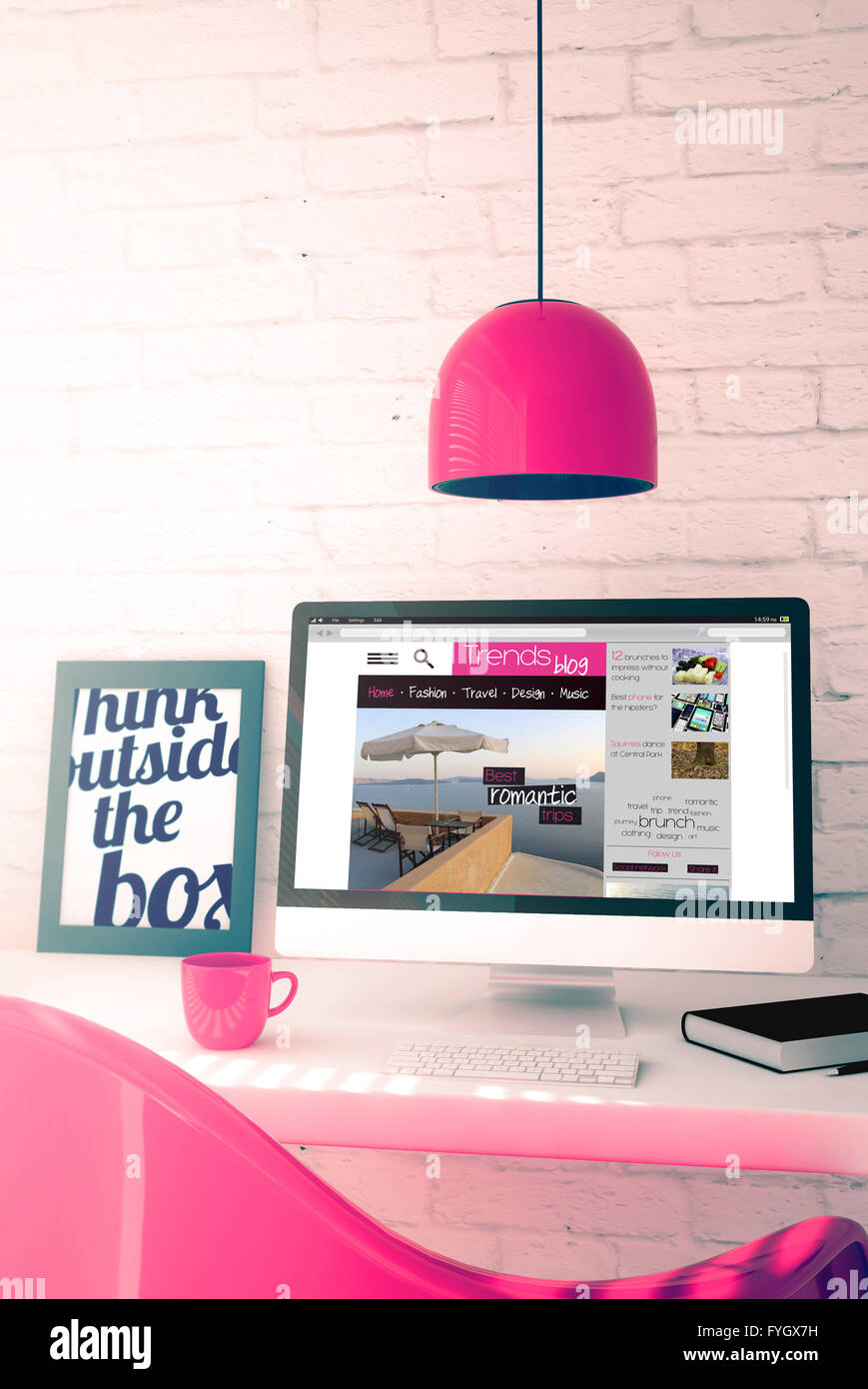 pink workspace with trends blog computer. 3d illustration. Stock Photo