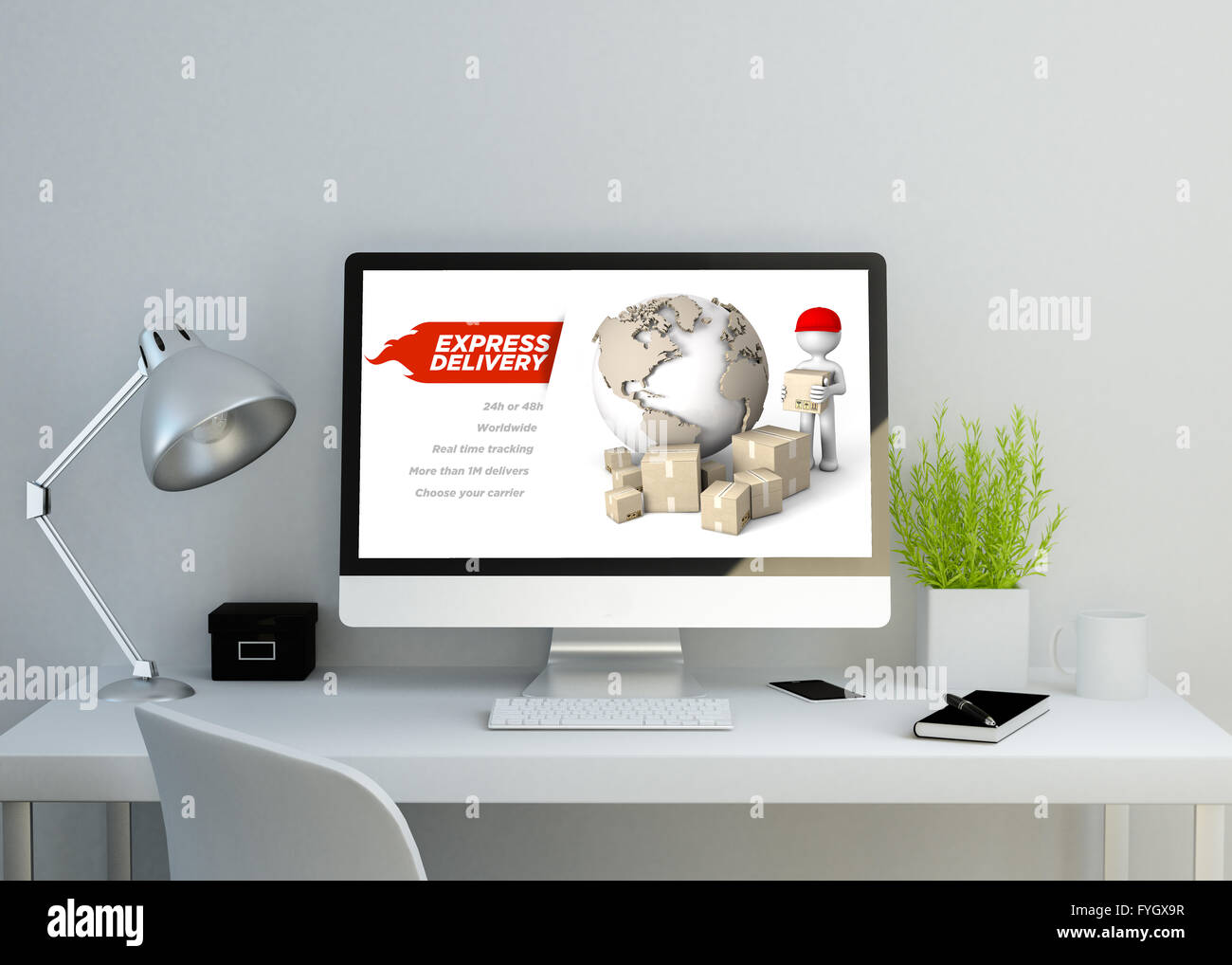 modern clean workspace mockup with express delivery website on screen. 3D illustration. all screen graphics are made up. Stock Photo
