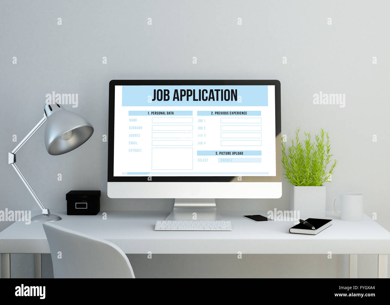 modern clean workspace showing job application. 3D illustration. all screen graphics are made up. Stock Photo