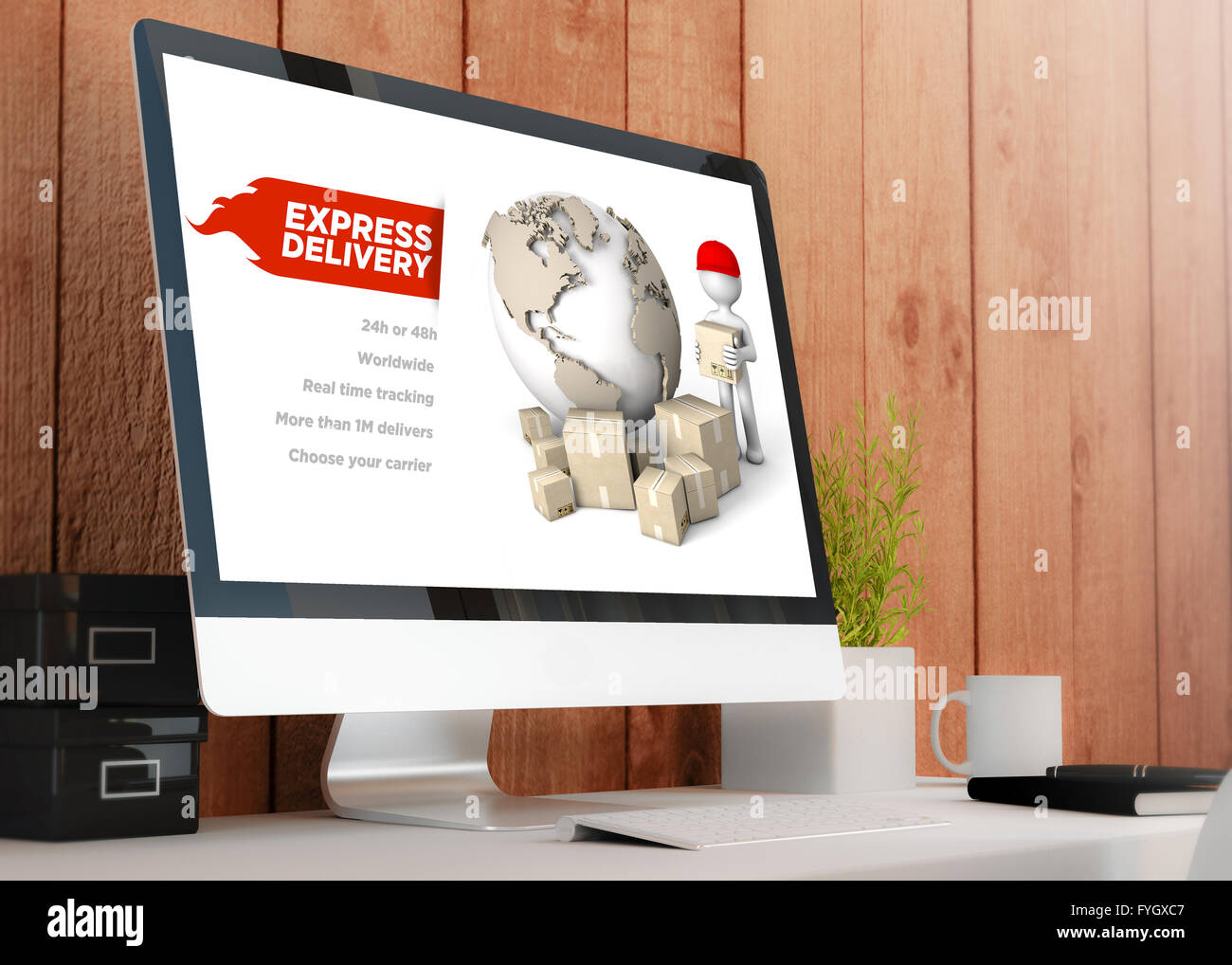 modern wooden workspace with computer showing express delivery website. All screen graphics are made up. 3D illustration. Stock Photo