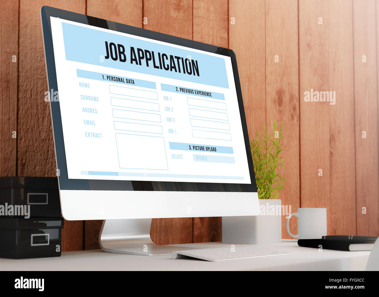 modern wooden workspace with computer showing job application. All screen graphics are made up. 3D illustration. Stock Photo