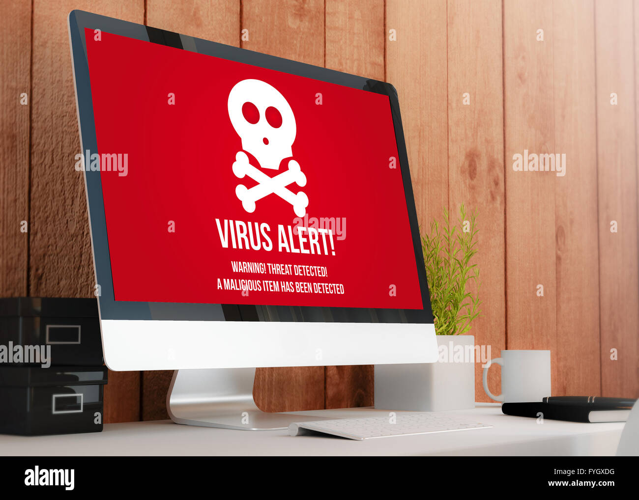 modern wooden workspace with computer showing virus alert. All screen graphics are made up. 3D illustration. Stock Photo