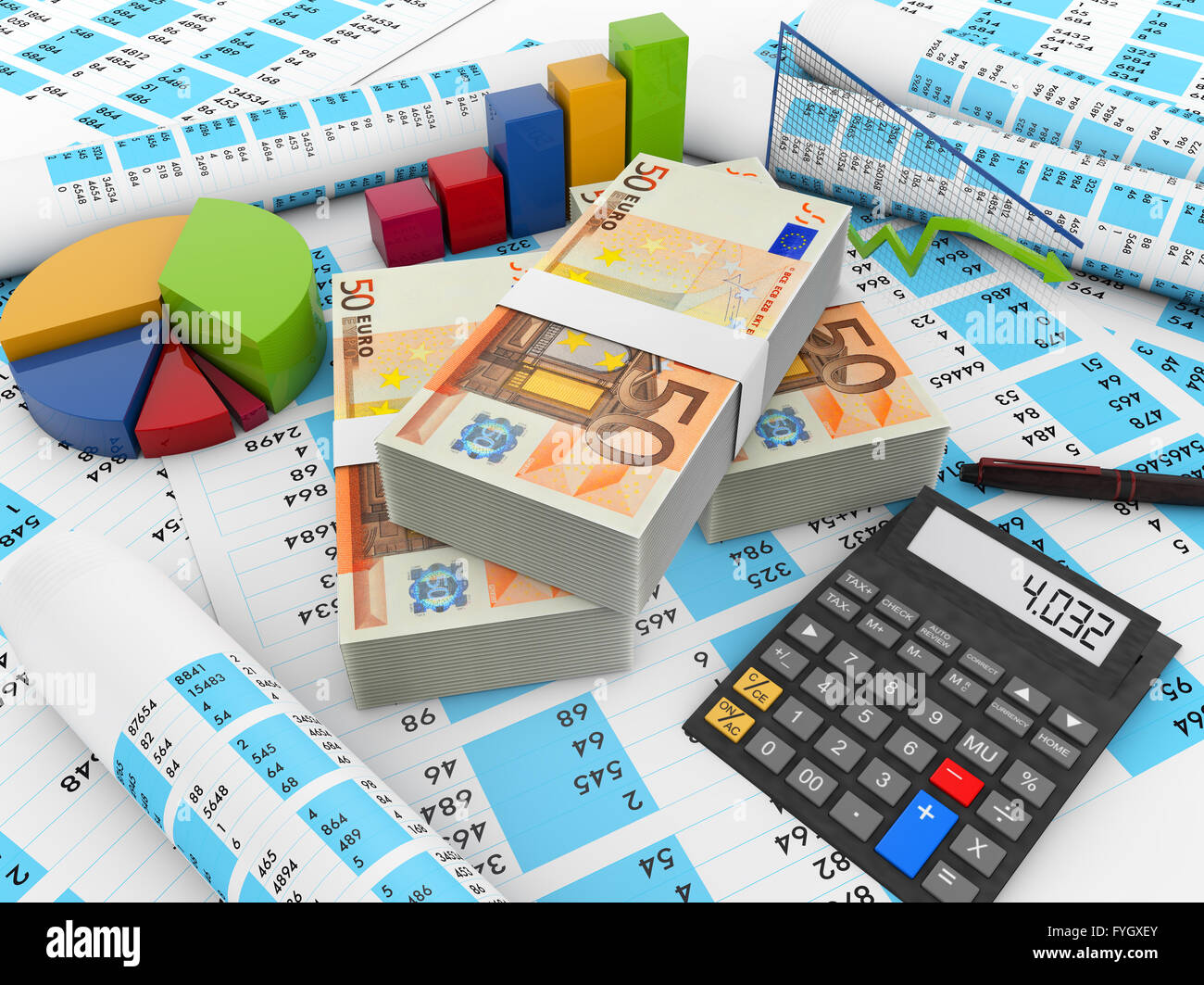 euro finances concept: calculator, euros and charts Stock Photo