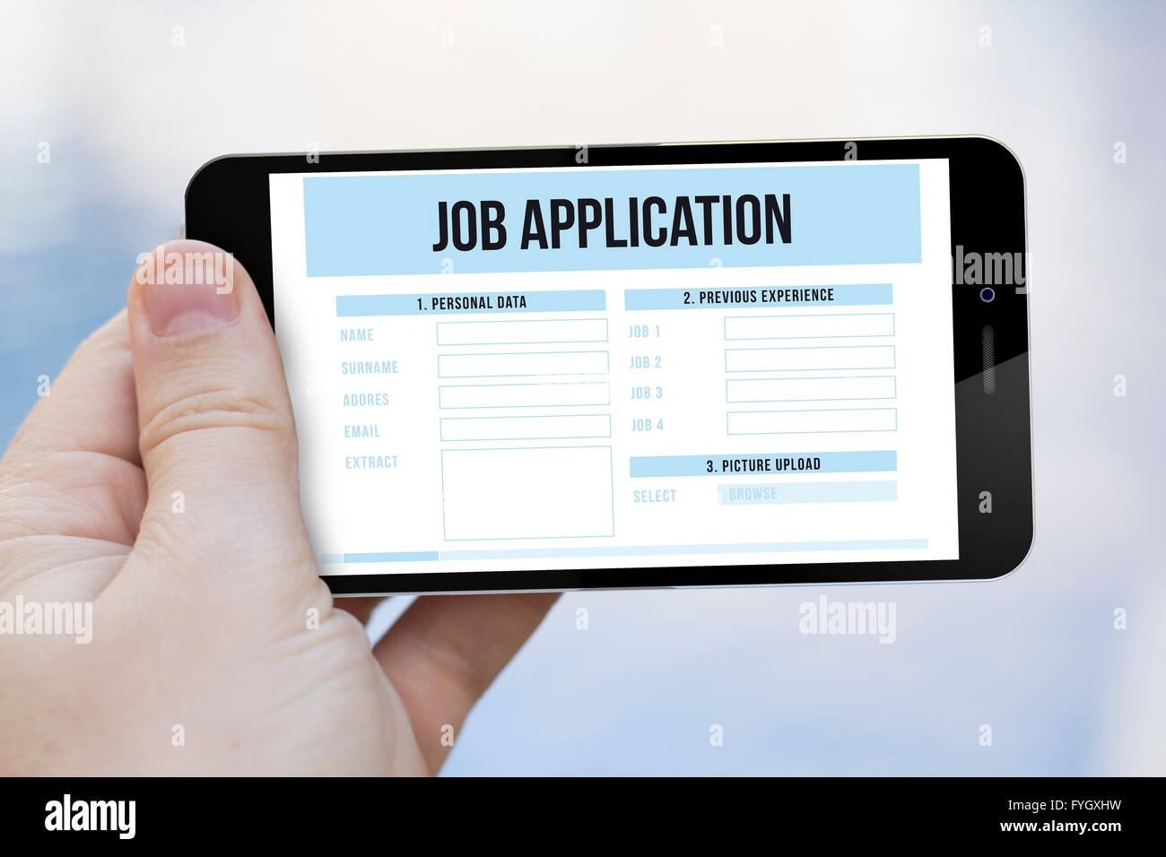 job application online concept: hand holding a 3d generated smartphone with job application app app on the screen Stock Photo