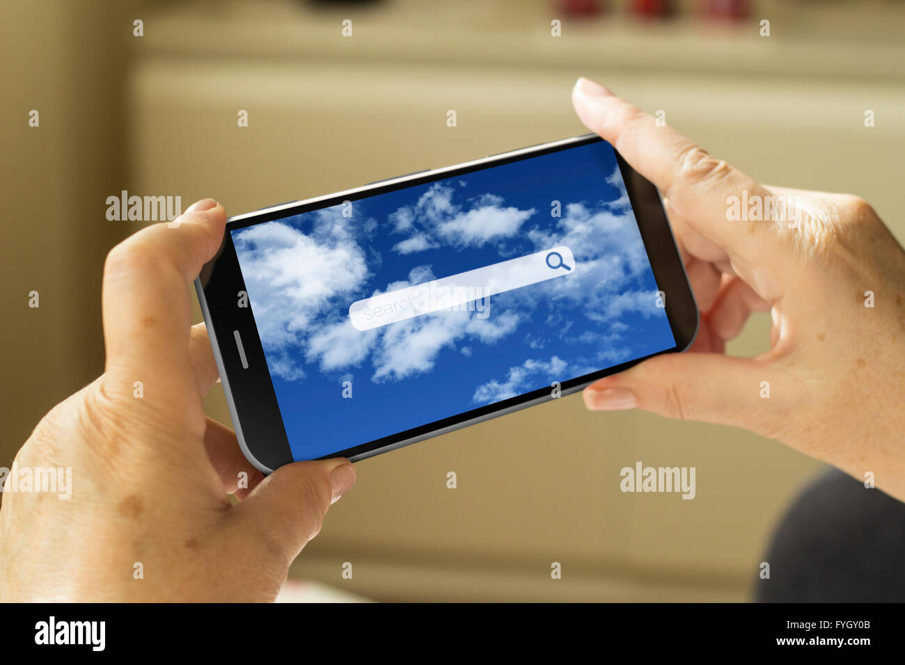 internet concept: mature woman hands with a 3d generated smartphone with search interface on screen Stock Photo