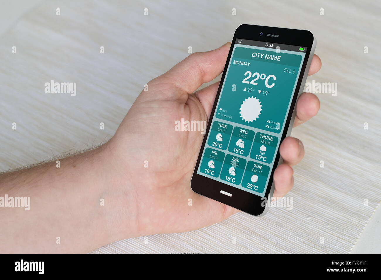 weather; forecast; forecasting; day; temperature; sun; rain; prognostic; meteorology; climate; application; hand; app; phone; mo Stock Photo