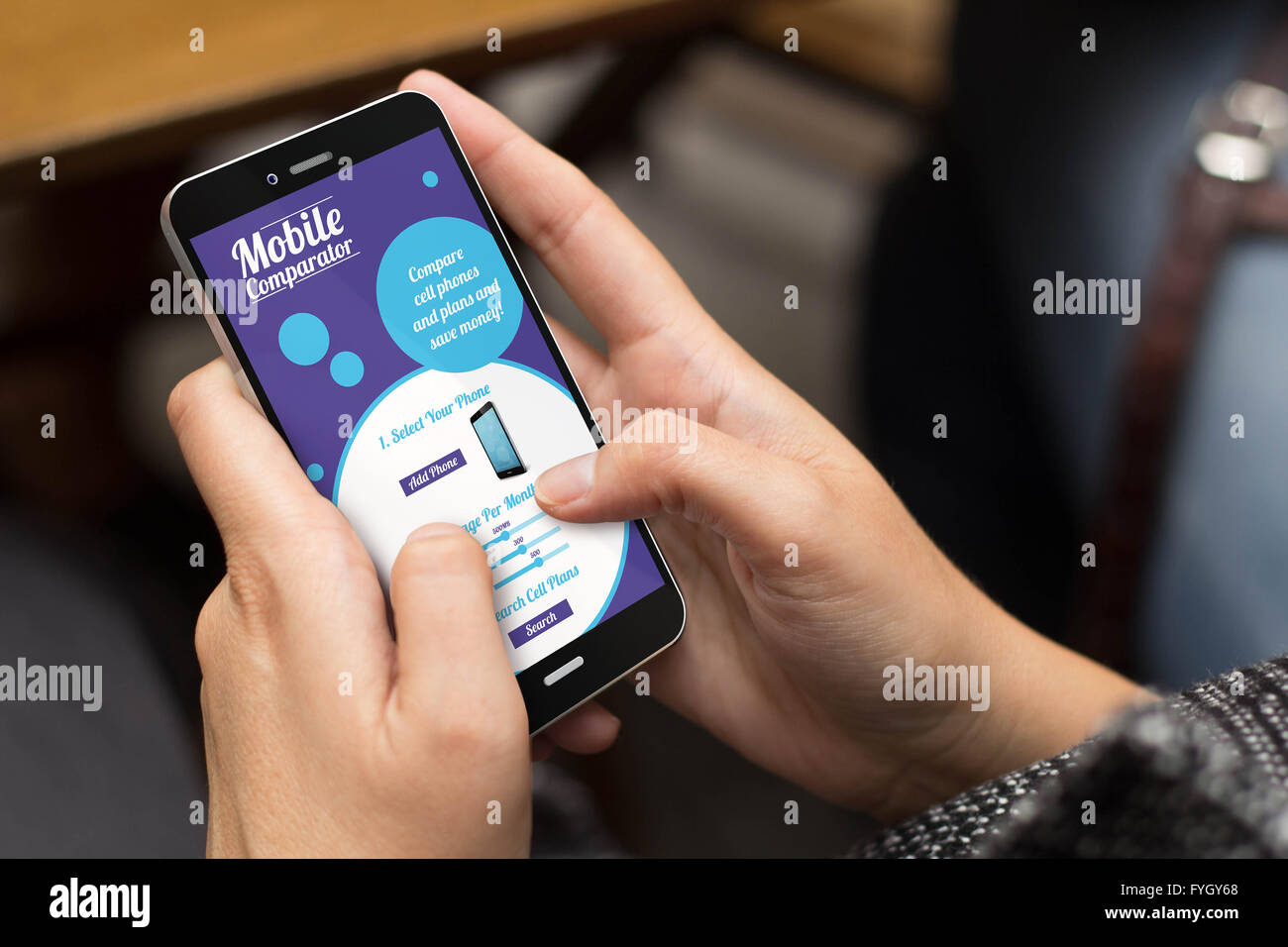 connectivity concept: girl using a digital generated phone with mobile comparator on the screen. All screen graphics are made up Stock Photo