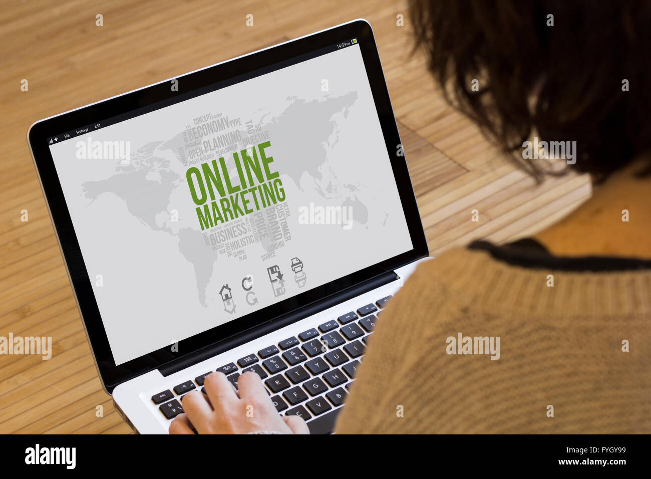 marketing online concept: marketing online on a laptop screen. Screen graphics are made up. Stock Photo
